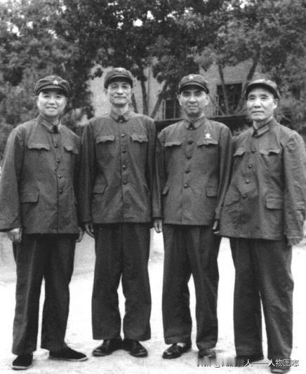 1972年秋，李达(右一)、萧克(右四)与恢复工作的杨勇(右二)、王诤(右三)合