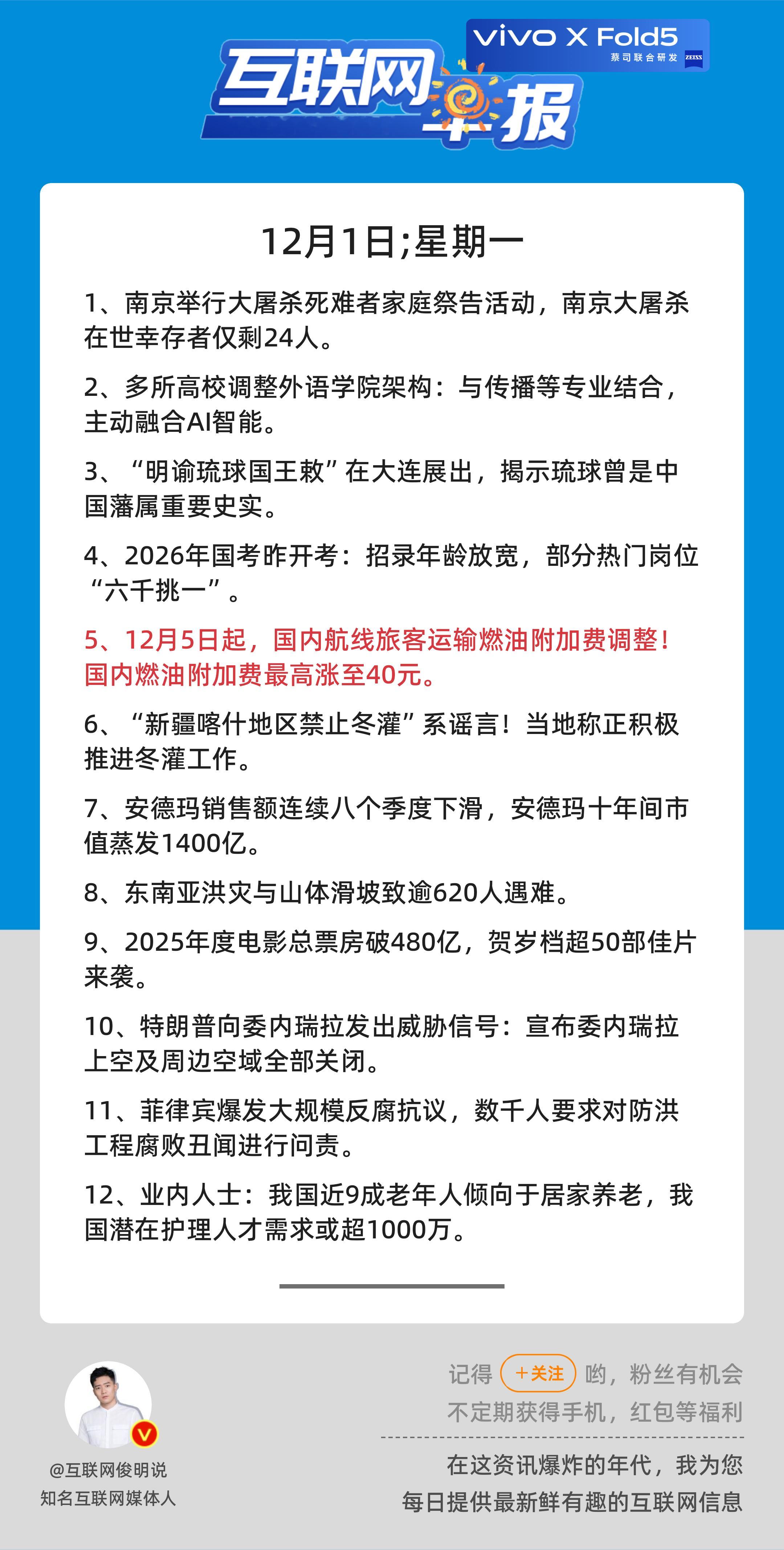 12月1日，星期一，《第2974期》；互联网早报，众览天下事关心第5条：12月5