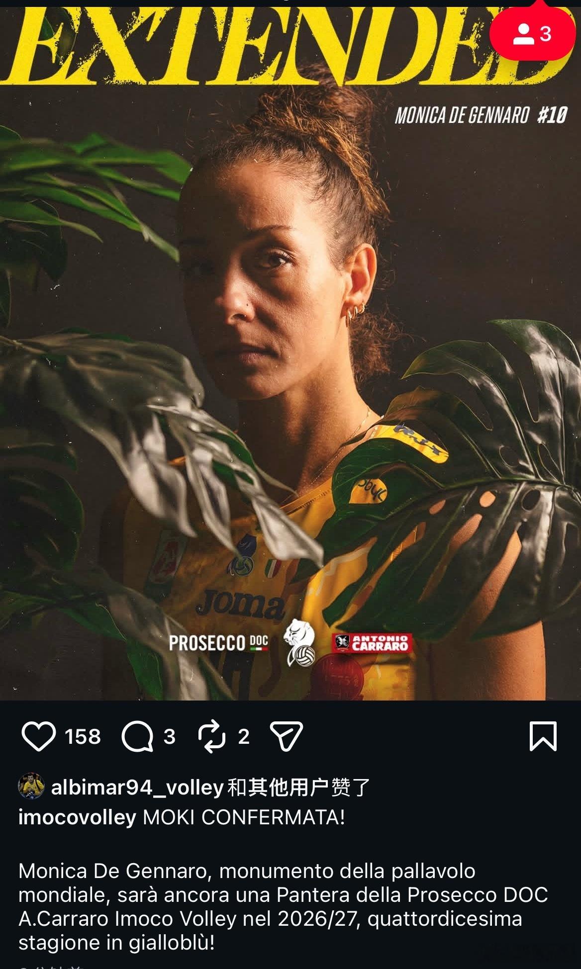 【科内利亚诺官宣德吉纳罗续约一年】世界女排新闻国际排坛转会