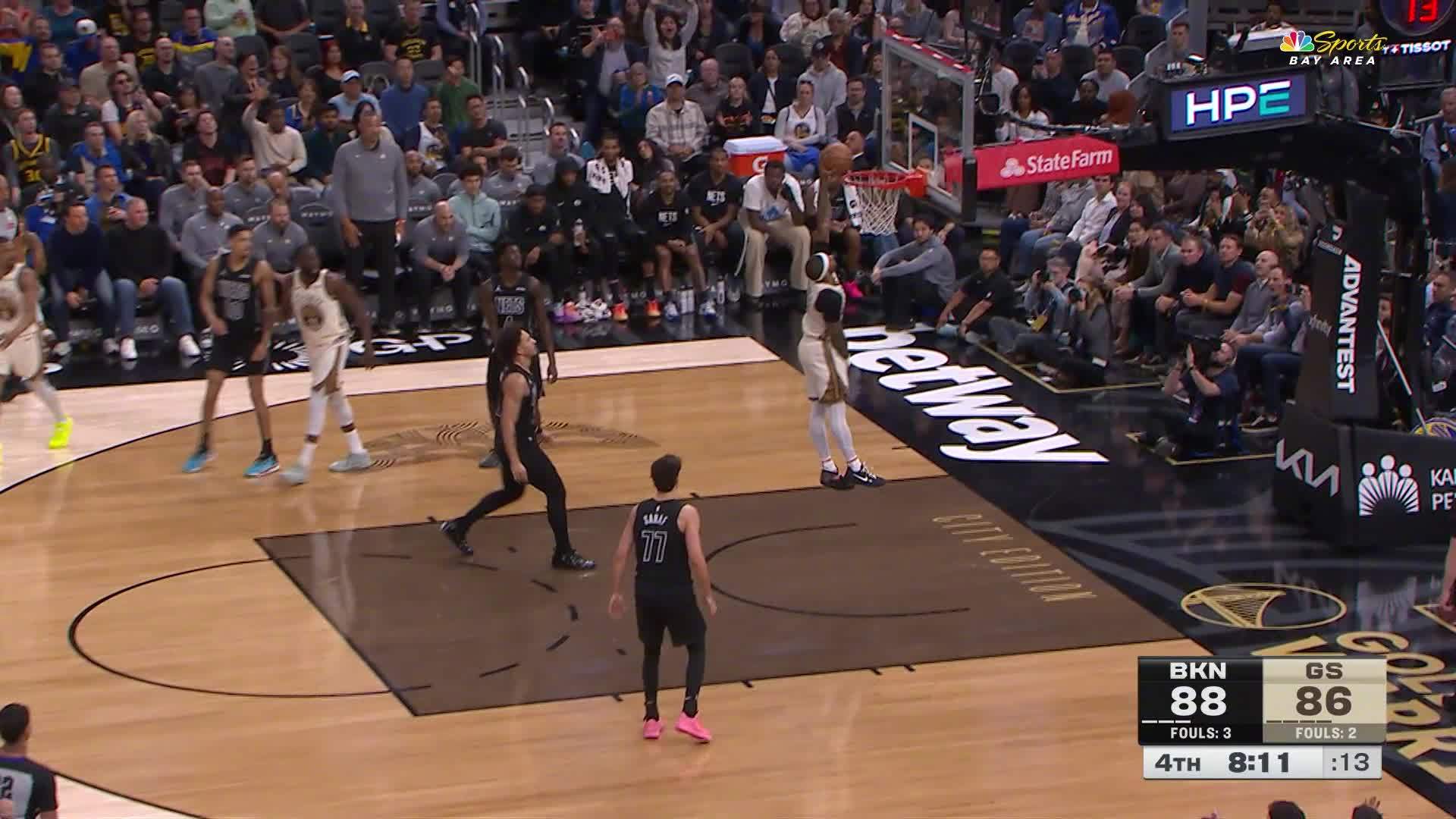 佩顿二世上篮打进，打平比分！！！勇士88:88篮网。篮网vs勇士