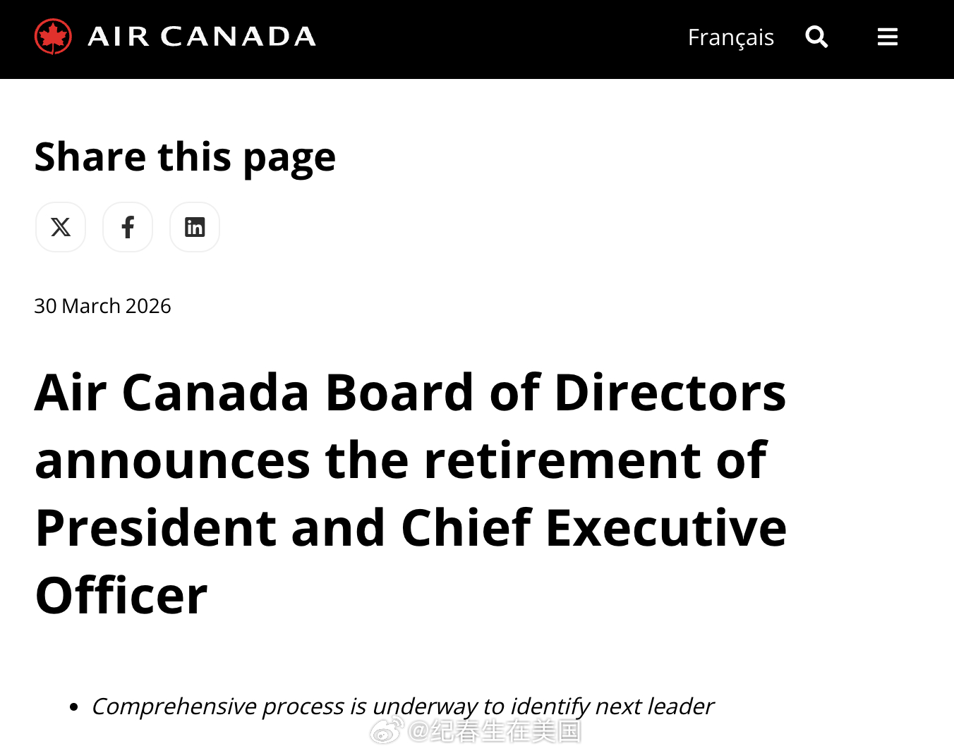 加拿大航空首席执行官Michael Rousseau周一表示将辞职。就在几天前，