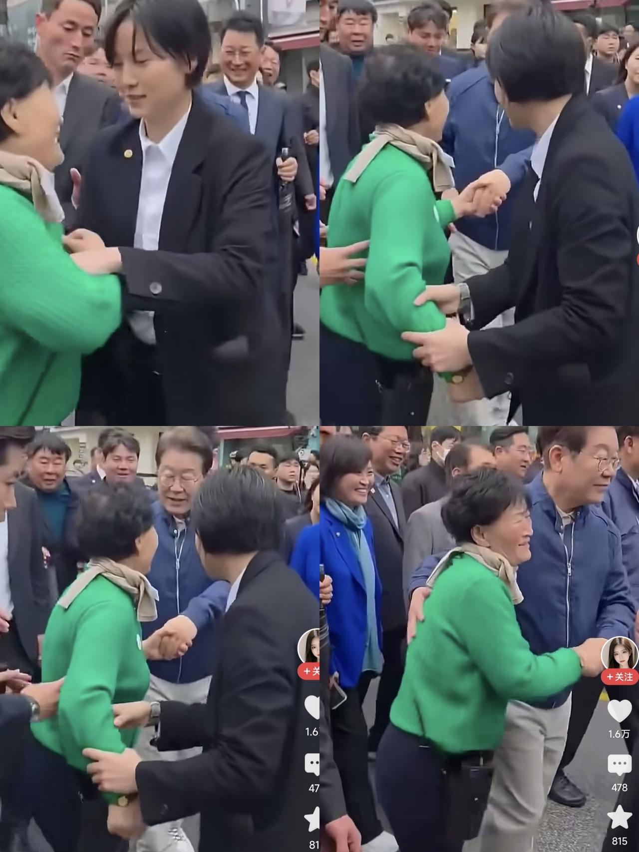 这一幕让人很温馨啊！
       当韩国总统李在明正在人群中行走时，旁边冲上来