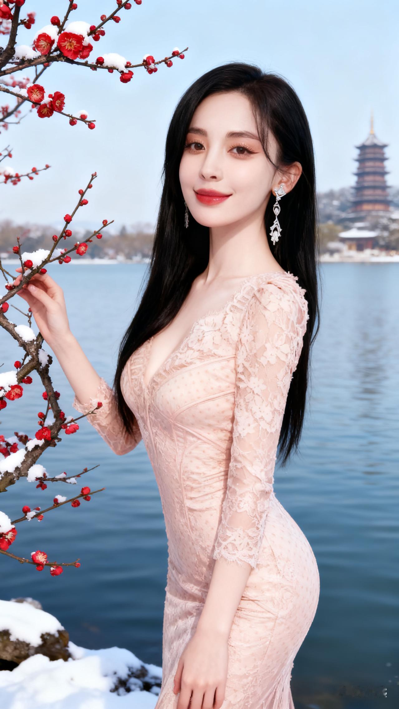 冬日里的少女，粉裙与红梅相映成趣，静谧湖畔的温柔时光。