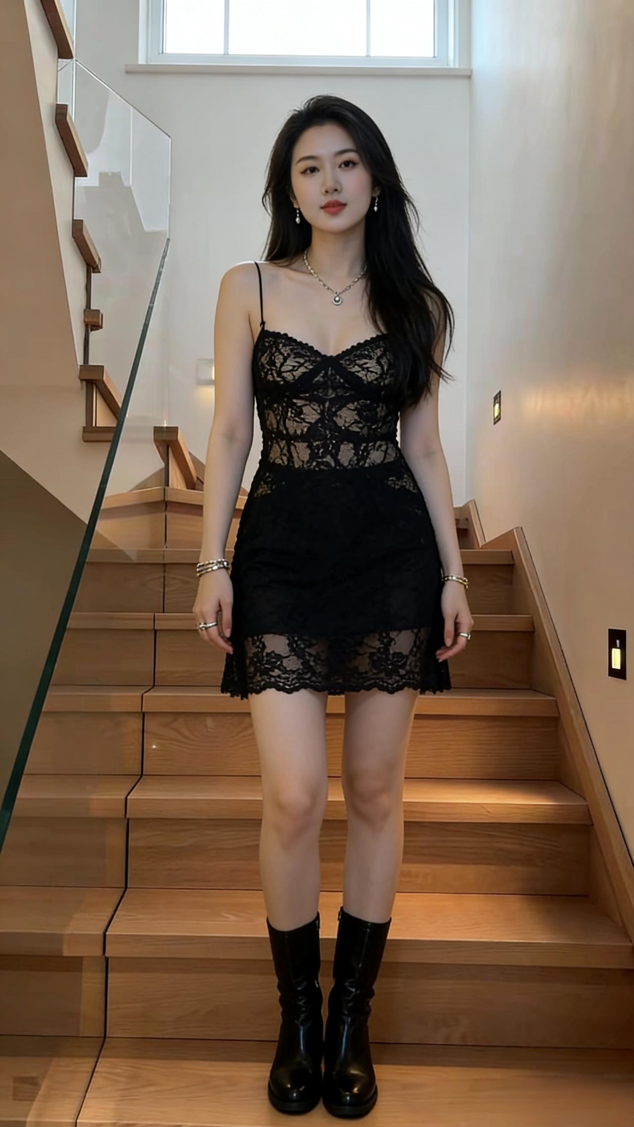 木质楼梯的暖黄
漫过玻璃的冰冷
她站在光与影的交界
蕾丝是镂空的梦
织着黑夜里的