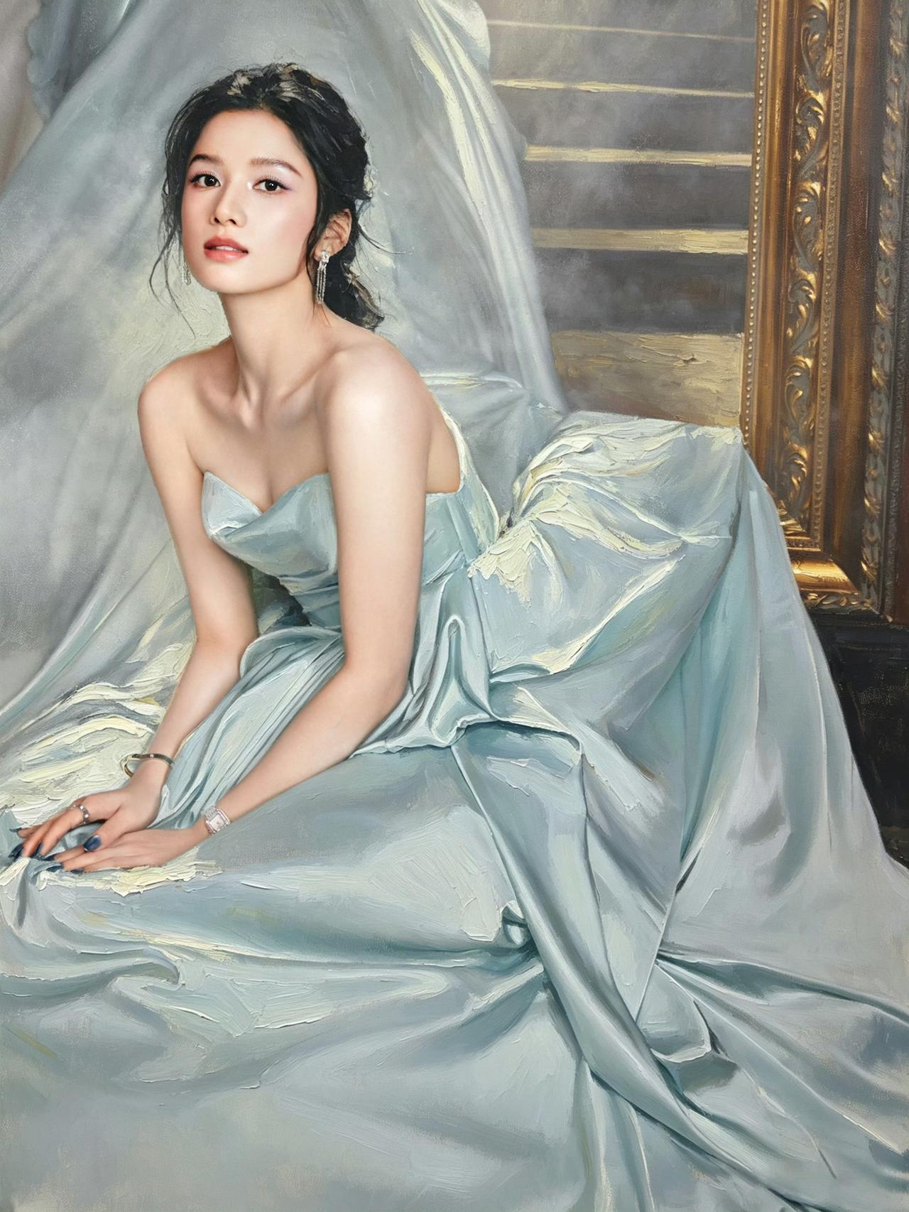 张婧仪鎏金画框+旋转楼梯，一身浅蓝缎面礼服美成名画