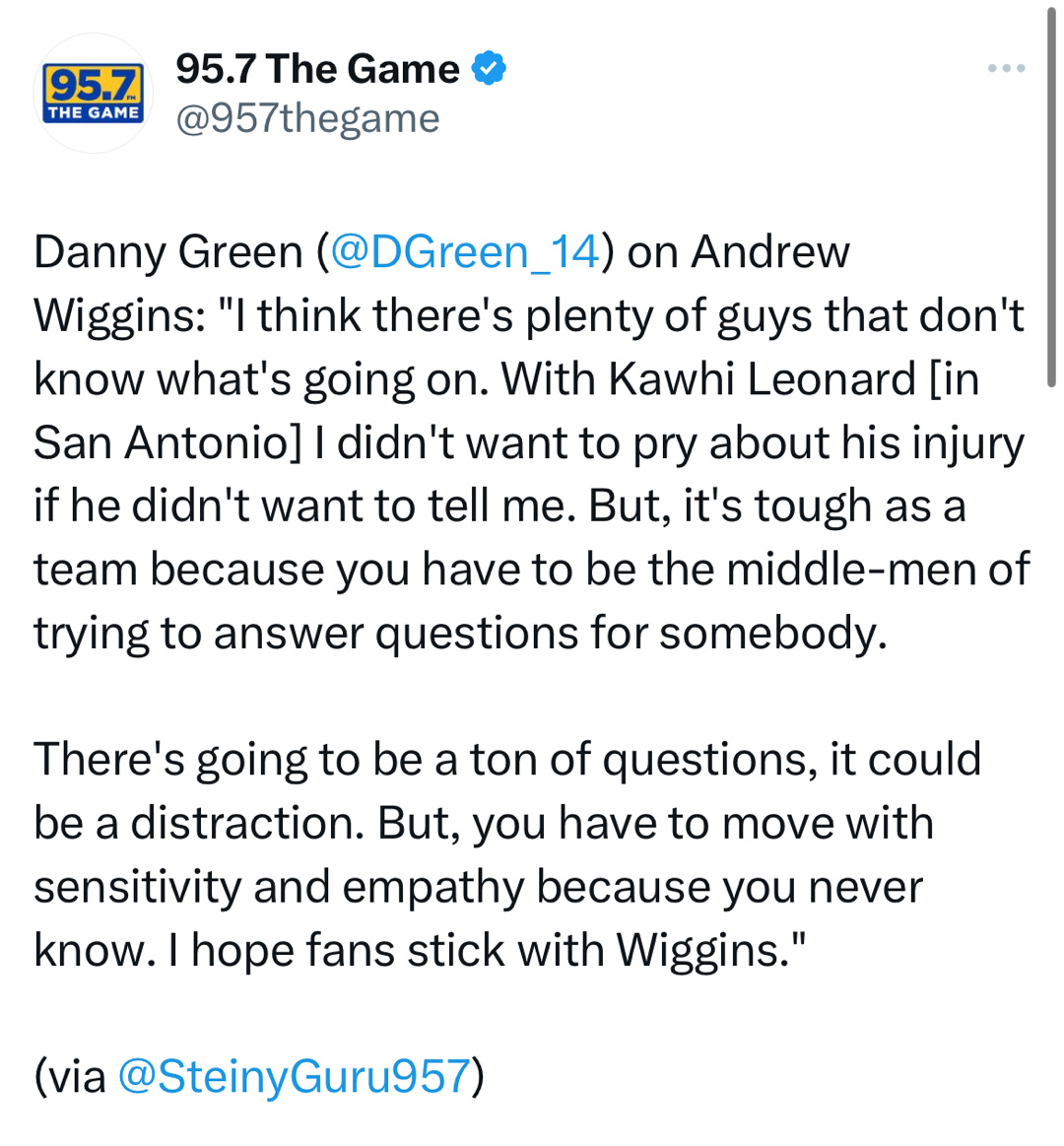 丹尼-格林：希望球迷一直支持维金斯“我认为有很多人不知道发生了什么，莱昂纳德在圣