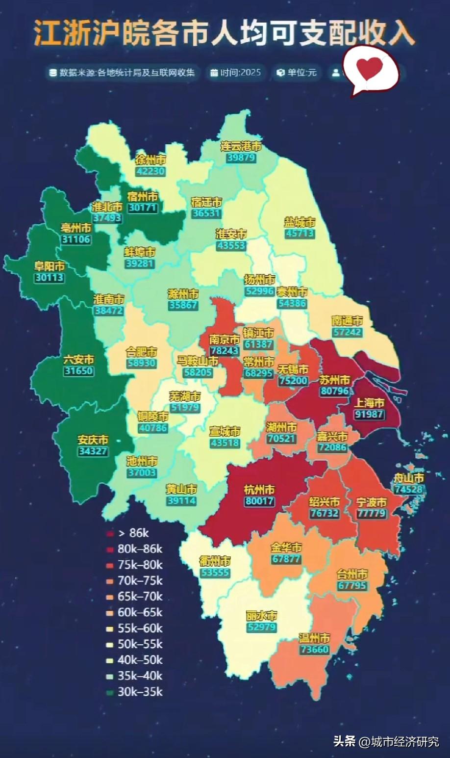 2025年江浙沪皖（江苏浙江上海安徽）区域各城市人均可支配收入数据水平情况，图片