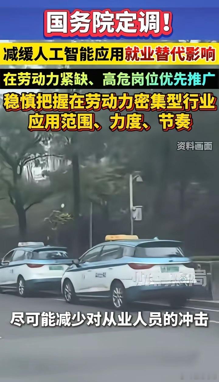 国务院定调，减缓人工智能的应用，尤其是在劳动密集型行业，主要还是为了稳就业。前段