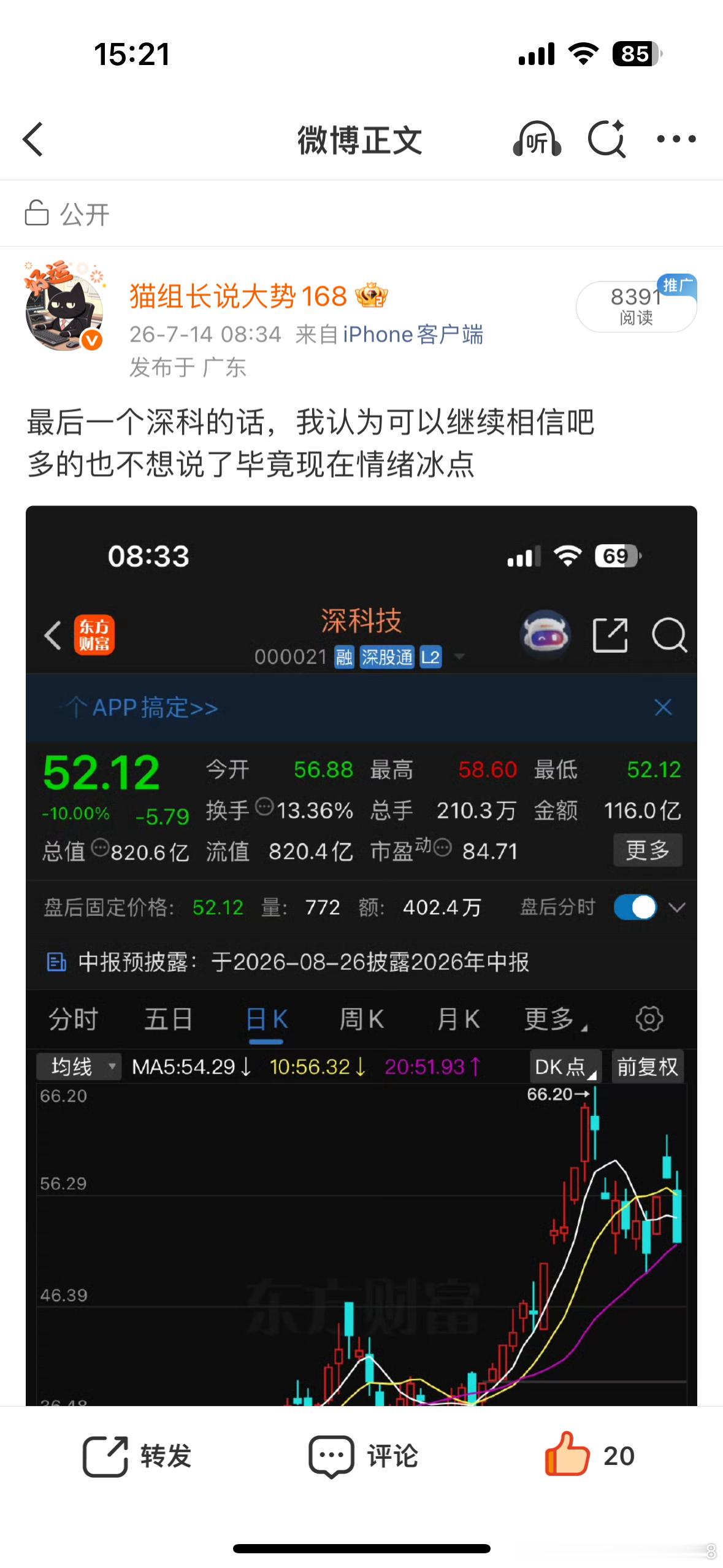 深科技给了个十字星变盘信号其他没什么 