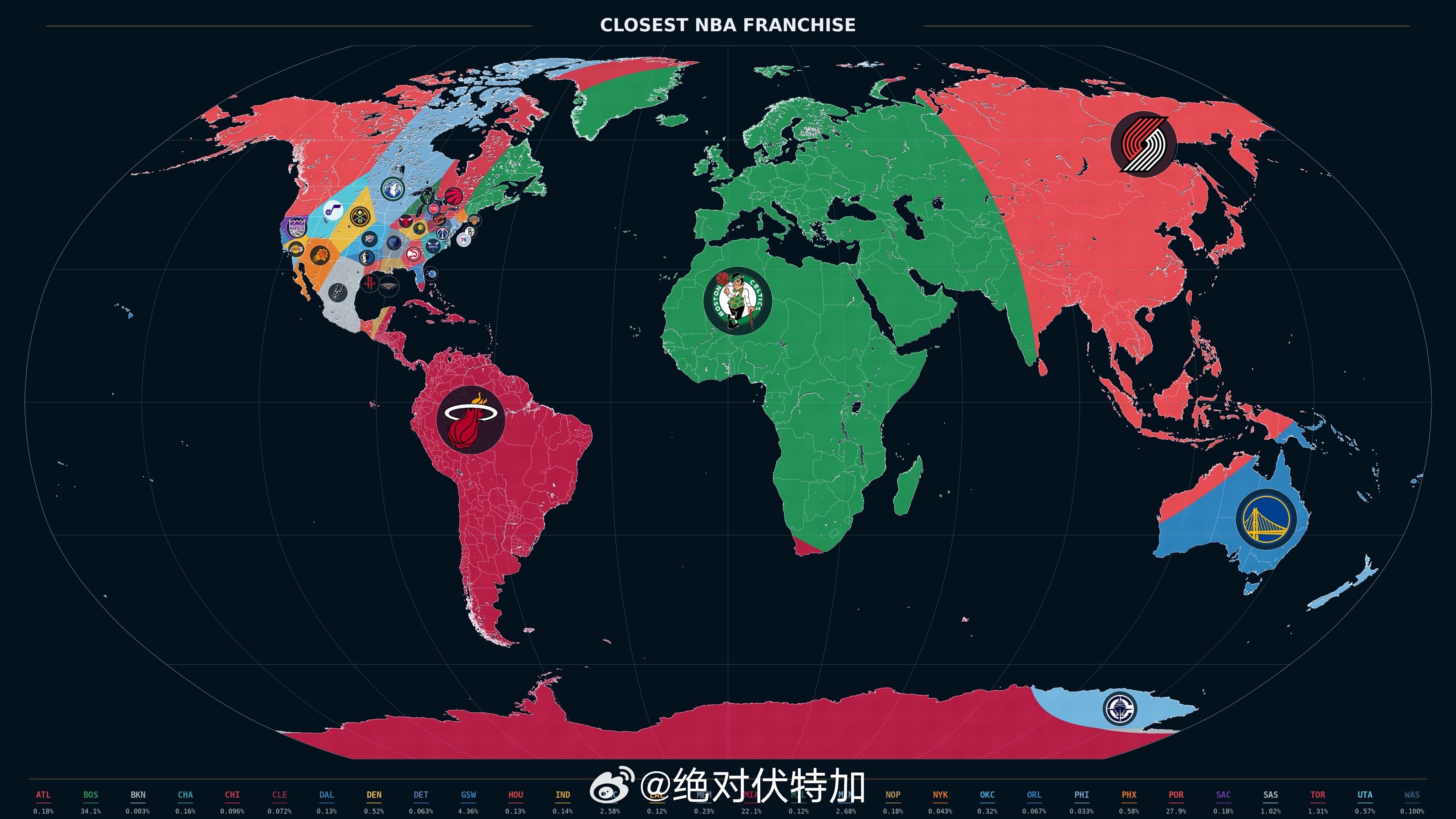 距离地球上每个点最近的NBA主场球队——想了想，这应该算考美国地理啊NBA NB