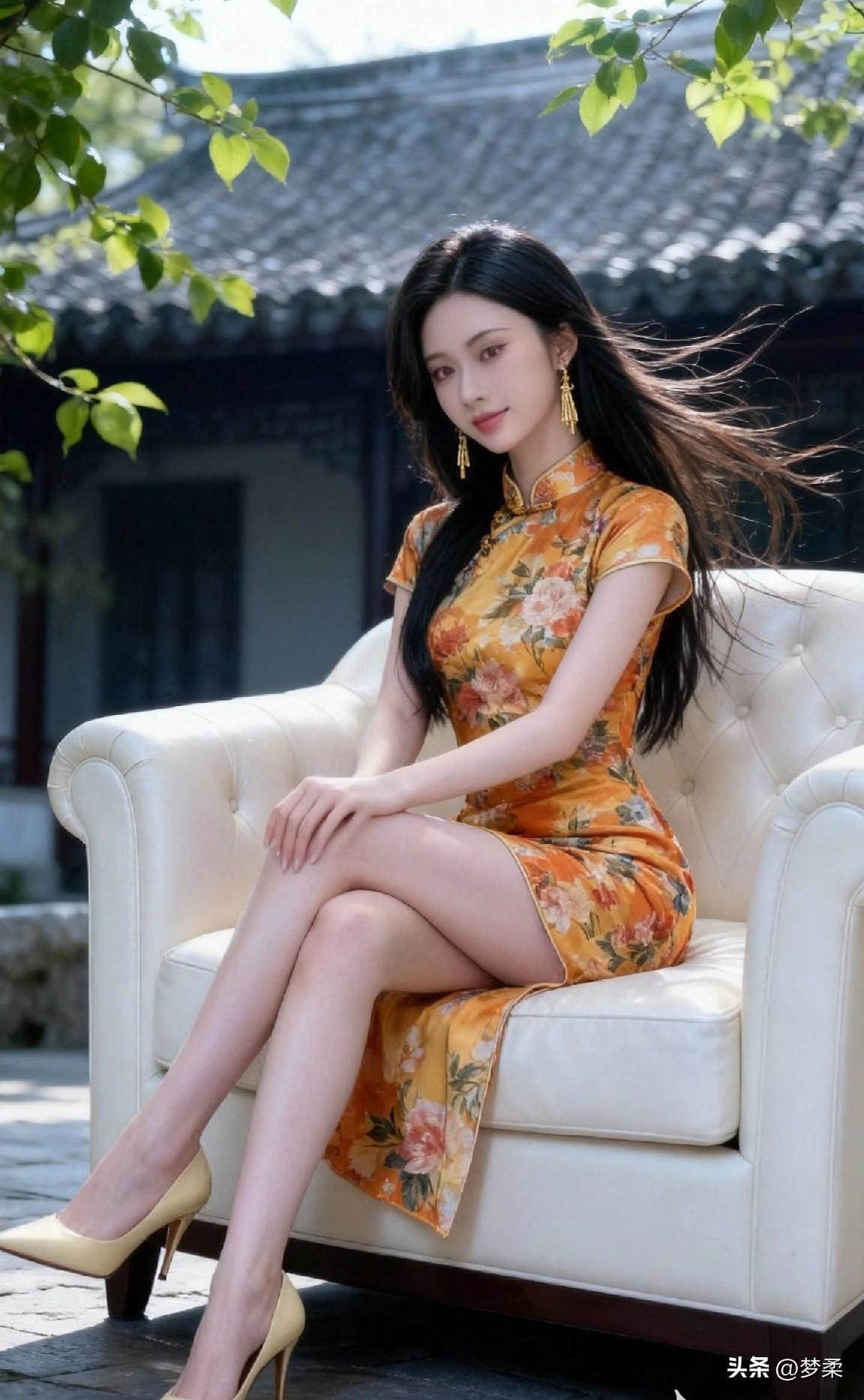 端庄典雅的旗袍如何穿出时尚?暖金印花旗袍勾勒东方韵味，古韵雅致剪裁，轻松穿出温婉
