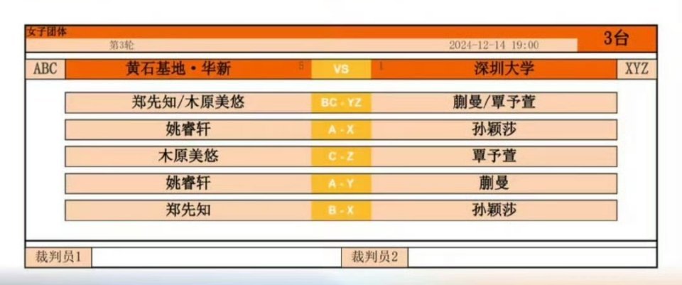 孙颖莎  乒超联赛第一阶段深圳大学vs黄石基地·华新   19:00   三号台