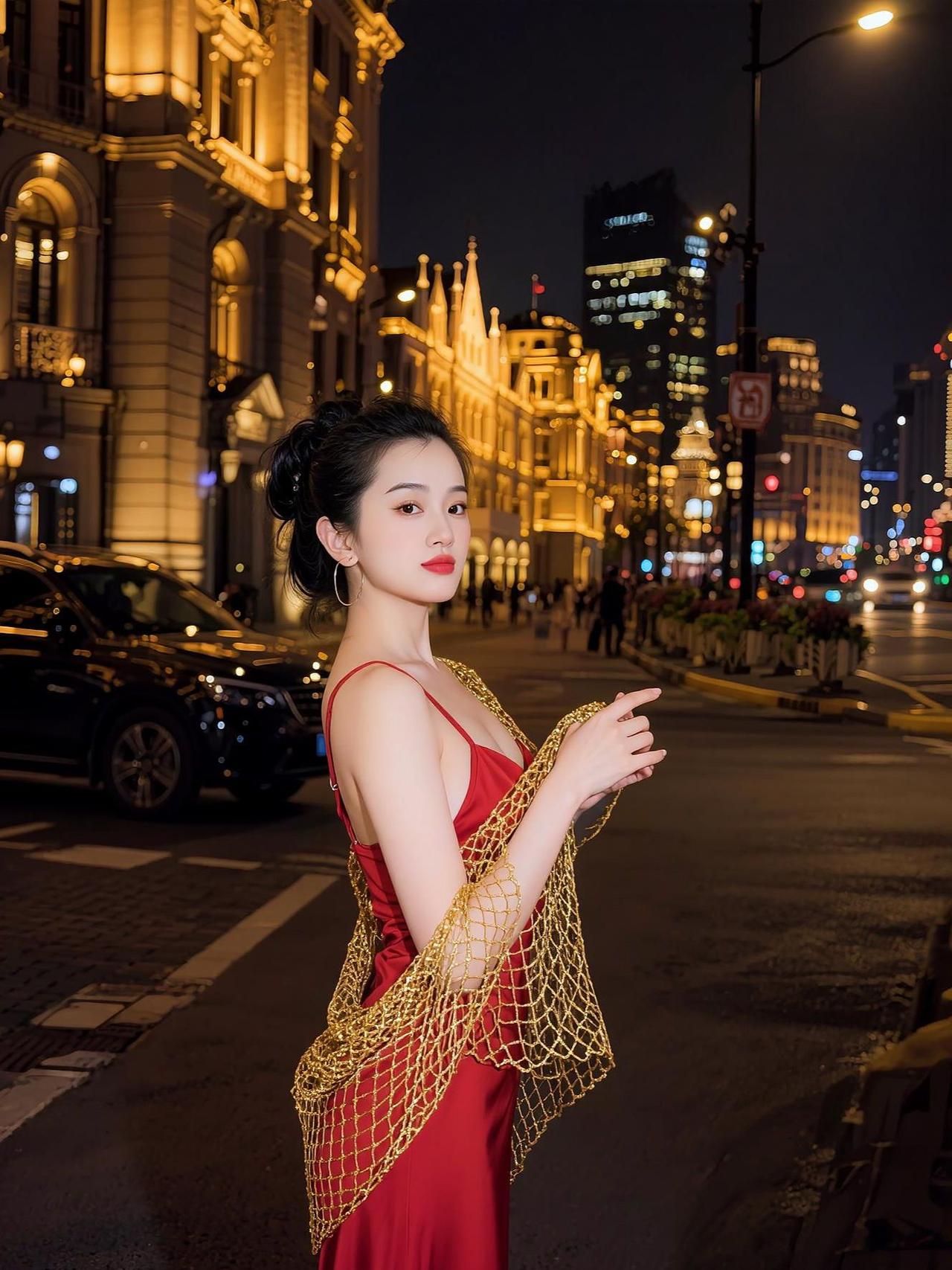 AI外滩红裙照 抖音ai创作 抖音玩法合伙人计划。