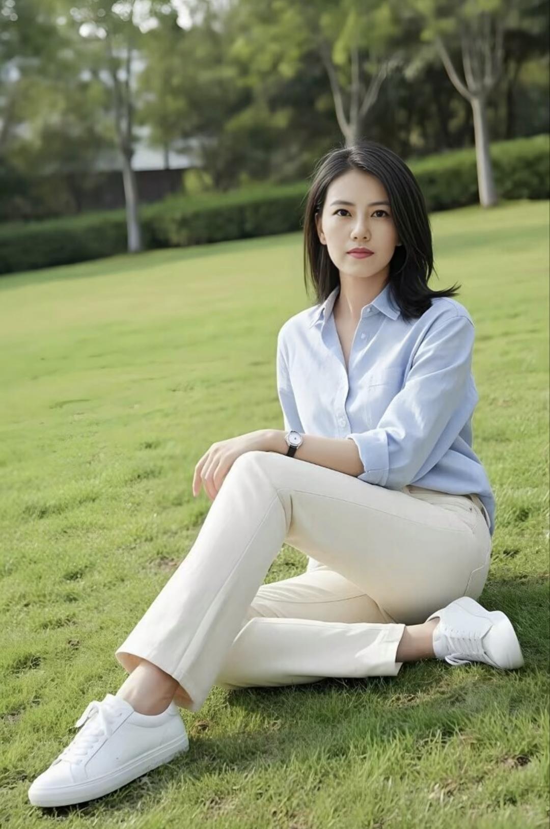女孩子怎么穿搭既时尚又好看?
浅蓝衬衫配米白长裤。
把温柔和利落，都穿在身上。