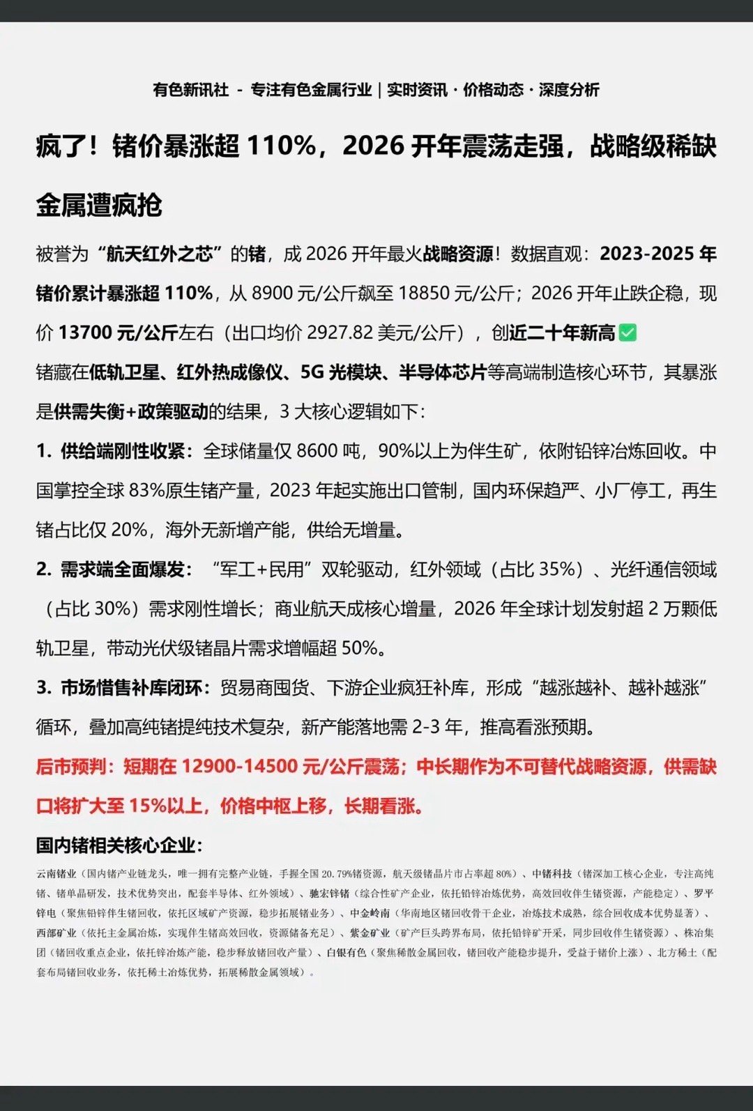 疯了！锗价暴涨110%！创20年来新高！2026年开年震荡走强，战略级稀缺金属资