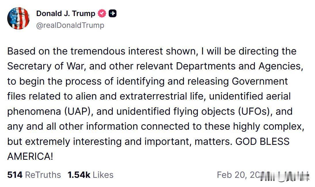 特朗普下令解密有关外星人的政府文件
 
美国总统唐纳德·特朗普表示，已指示国防部
