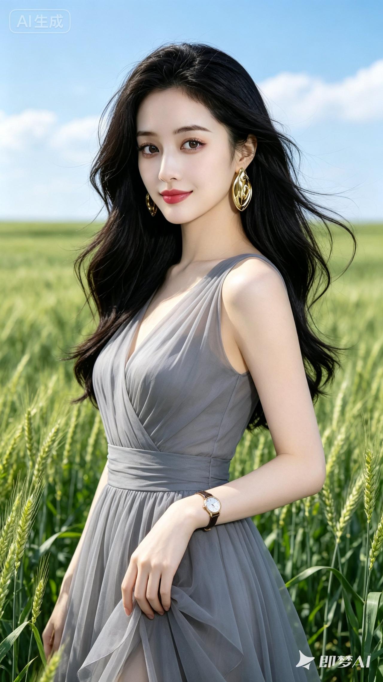 优雅灰裙少女，田野中的梦幻时刻🌾✨