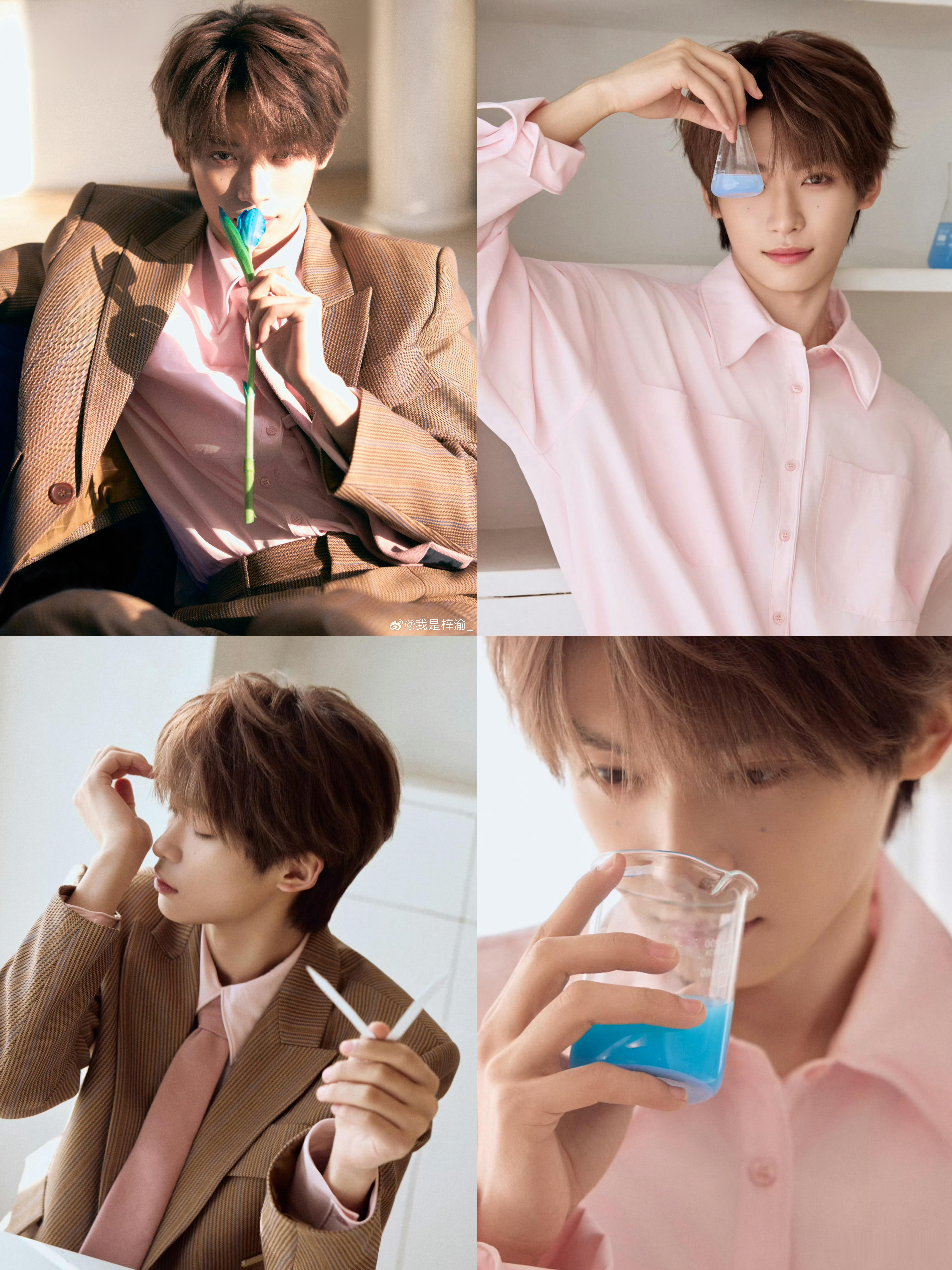 梓渝情人节写真，粉色衬衫温柔又帅气，搭配清新蓝色花朵，整个人像从春日浪漫里走出来