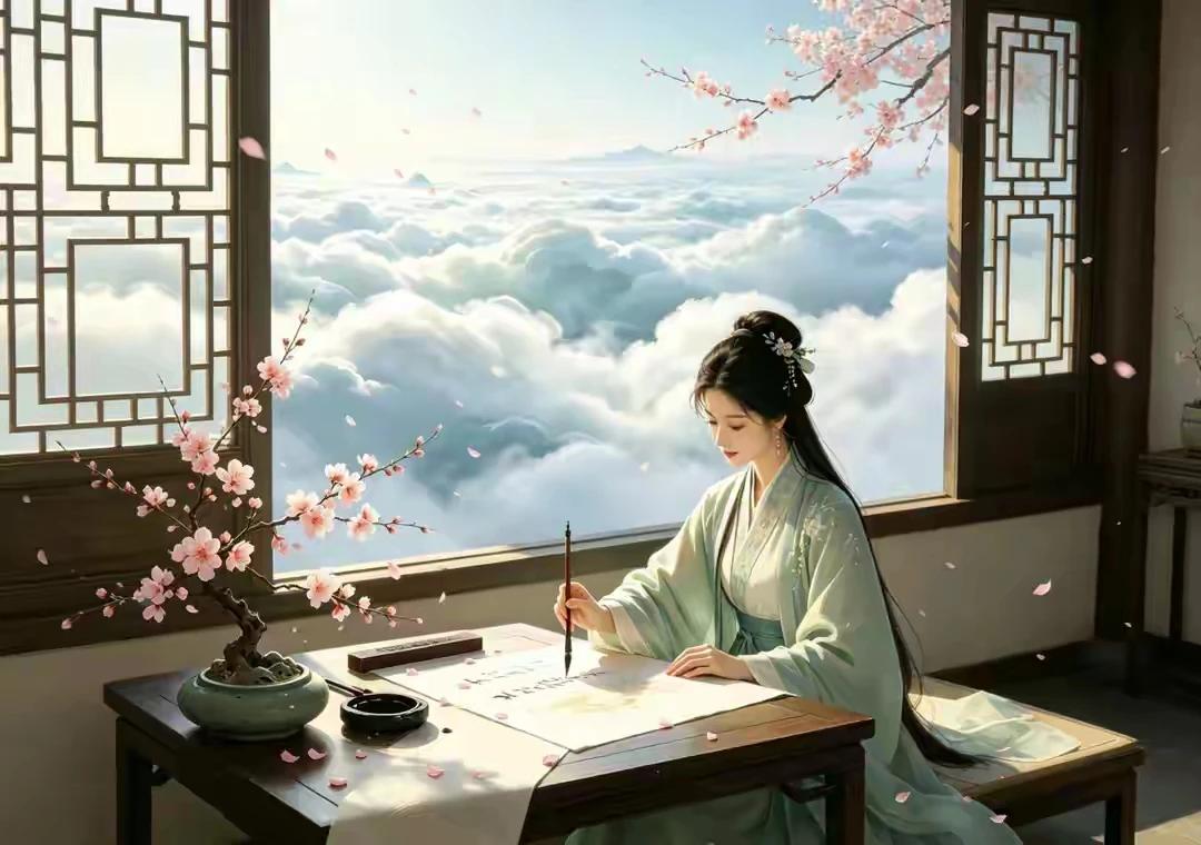 上联：疏影横斜迎暗香
下联: 云绕窗前笔凝芳