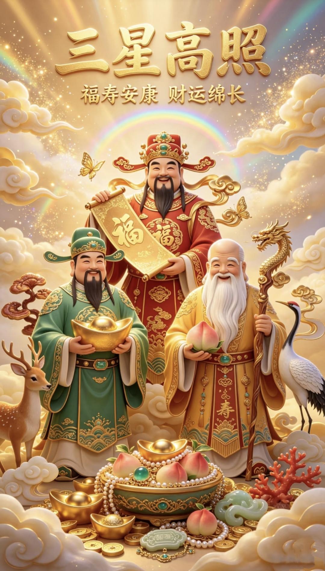 三星高照鸿福到,福寿安康财运旺
三星高照福气来，金元宝抱满怀！禄寿双全好运开，接