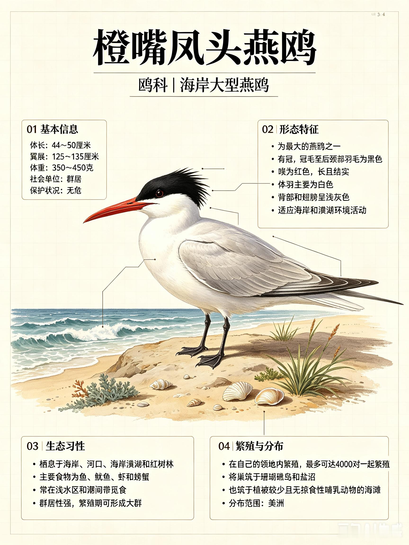 鸟类朋友图鉴 橙嘴凤头燕鸥体长：44~50 厘米翼展：125~135 厘米体重：