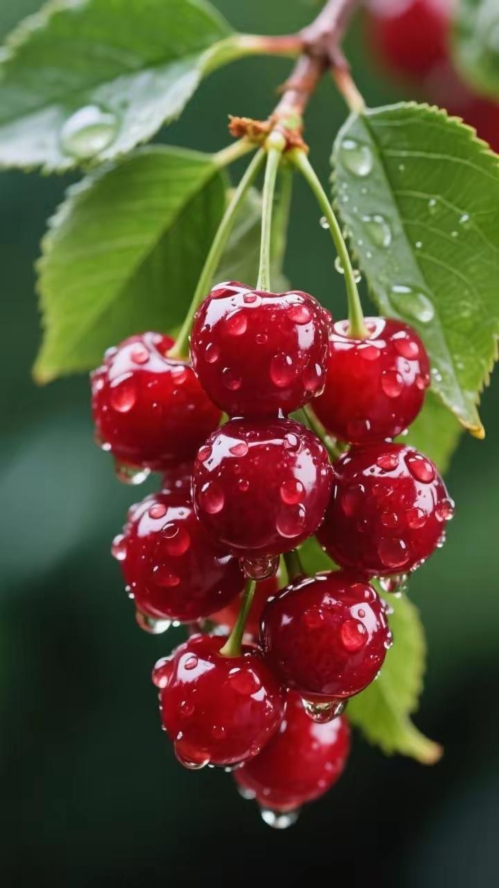 新鲜樱桃色泽诱人，果汁爆满酸甜可口