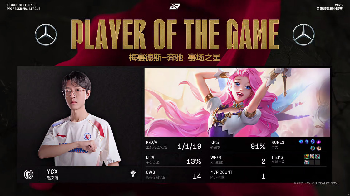 【 2025LPL第一赛段  WE 0-3 LGD】MVP：YCX萨勒芬妮 