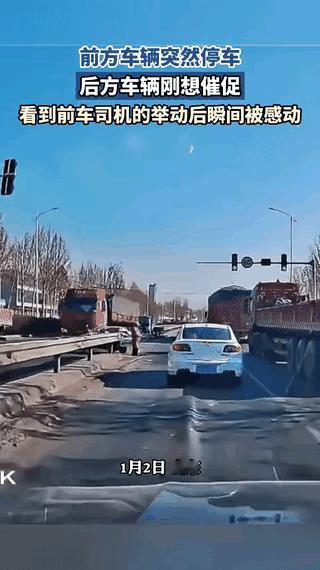 山东一司机在过红绿灯时，发现前方车辆突然停车，因为是绿灯，司机刚要发火催促前方车