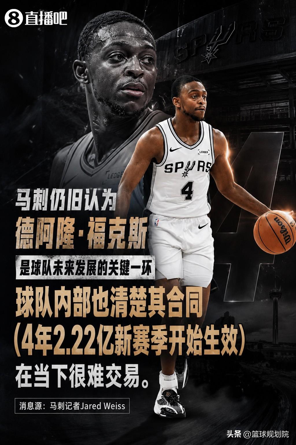 福克斯4年2.22亿合同开始生效，马刺队苦不堪言只能硬挺。

福克斯在上赛季季后