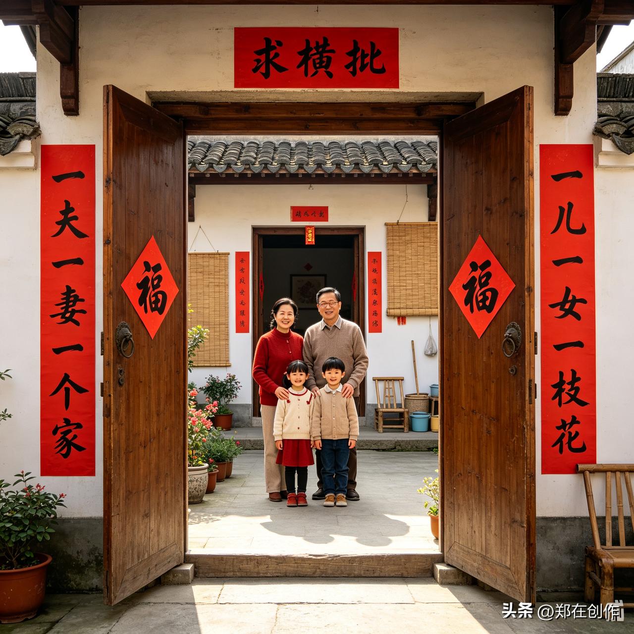 上联：一夫一妻一个家
下联：一儿一女一枝花
 
一副充满烟火气息的对联，描绘出家
