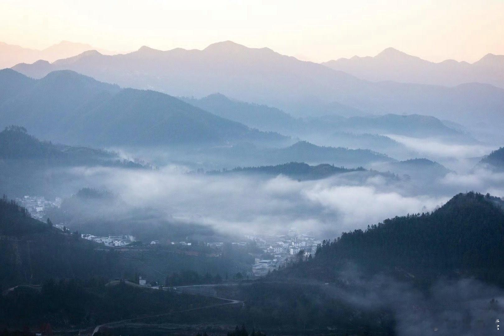 初秋的安徽歙县坡山村，被一层轻纱般的晨雾所笼罩，远处的山峦在雾中若隐若现，呼吸着