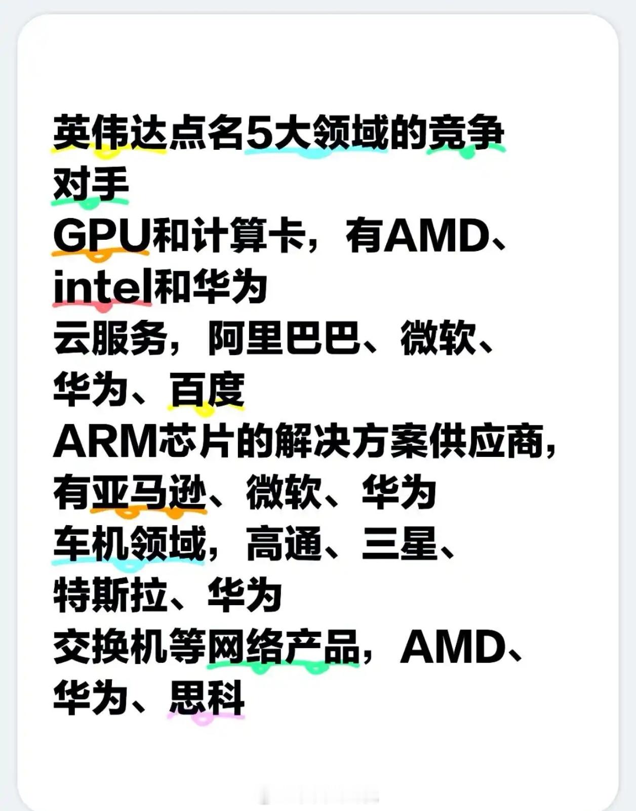 黄仁勋评价华为是中国最强科技公司英伟达曾经所列的五大领域竞争对手，华为占了四个。