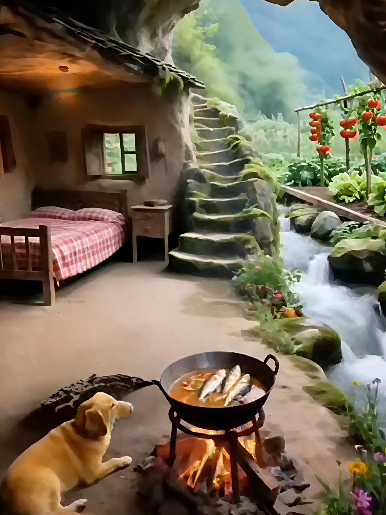 在山洞里居住的人家，洞边还有一条山泉小溪，旁边是田园种菜，这里是隐居的好住处，冬