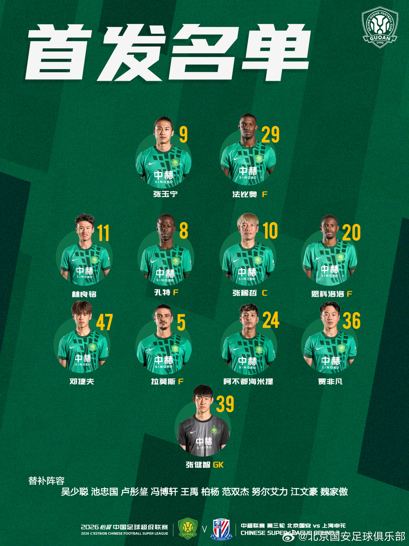 💚 北京国安今日首发💪 主场首秀🔰 这是哪儿？北京！中超联赛 北京国安