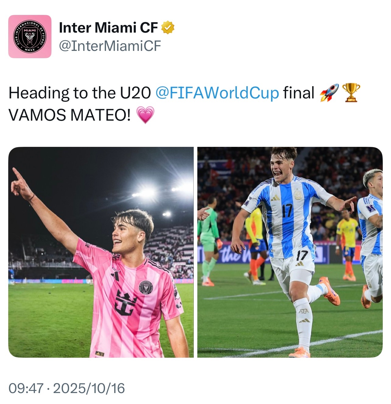 迈阿密官方｜前往 U20 FIFAWorldCup 决赛🚀🏆 加油，马特奥！