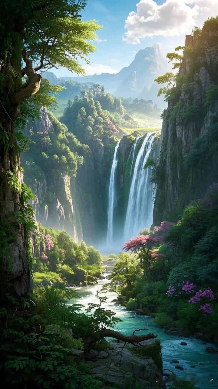 翠谷幽境
 
翠谷幽深入画屏，危崖峭立接天青。
飞泉漱石银珠溅，峻岭披霞赤焰凝。
