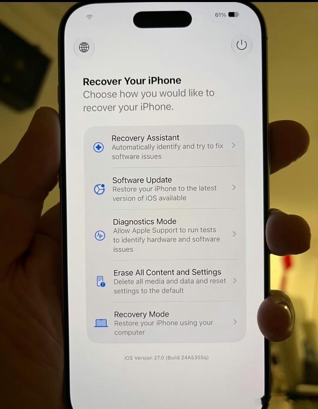 iOS27新增修复模式修复模式下支持iPhone 支持恢复助理、软件更新、诊断模