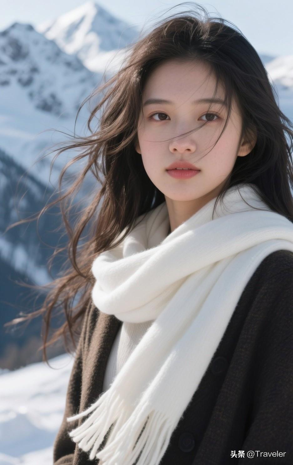 女孩在雪山前，风吹着她的头发。
