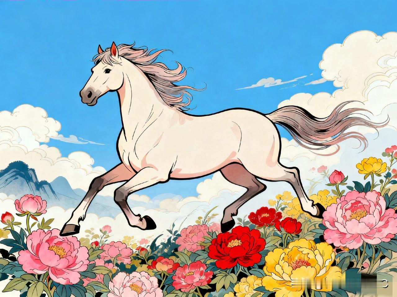 马年快到啦，瞧这白马踩着牡丹往前奔，风都追着它跑！新的一年就该这样，甩开膀子往前