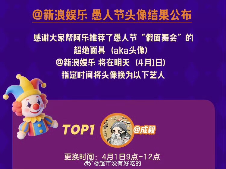新浪发起的愚人节头像活动结果出炉成毅家总榜断层第一实至名归，活粉人气这一块是真的