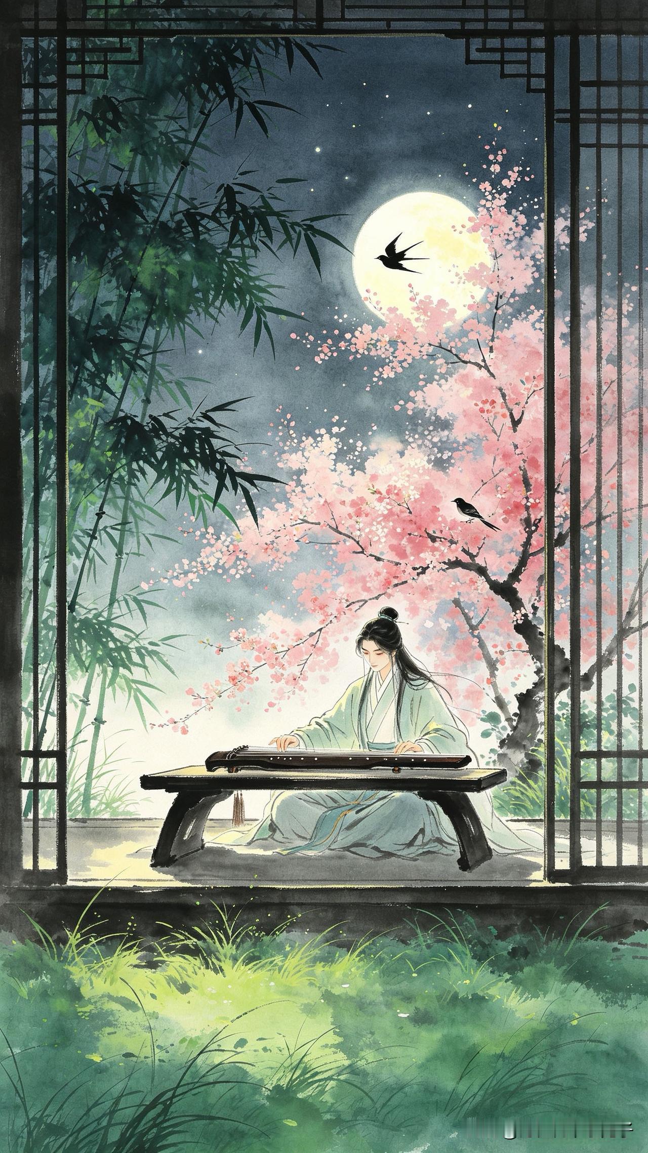 冰弦乍拂晚风清，
独坐幽窗月正明。
莫向人间弹古调，
      
…………请师