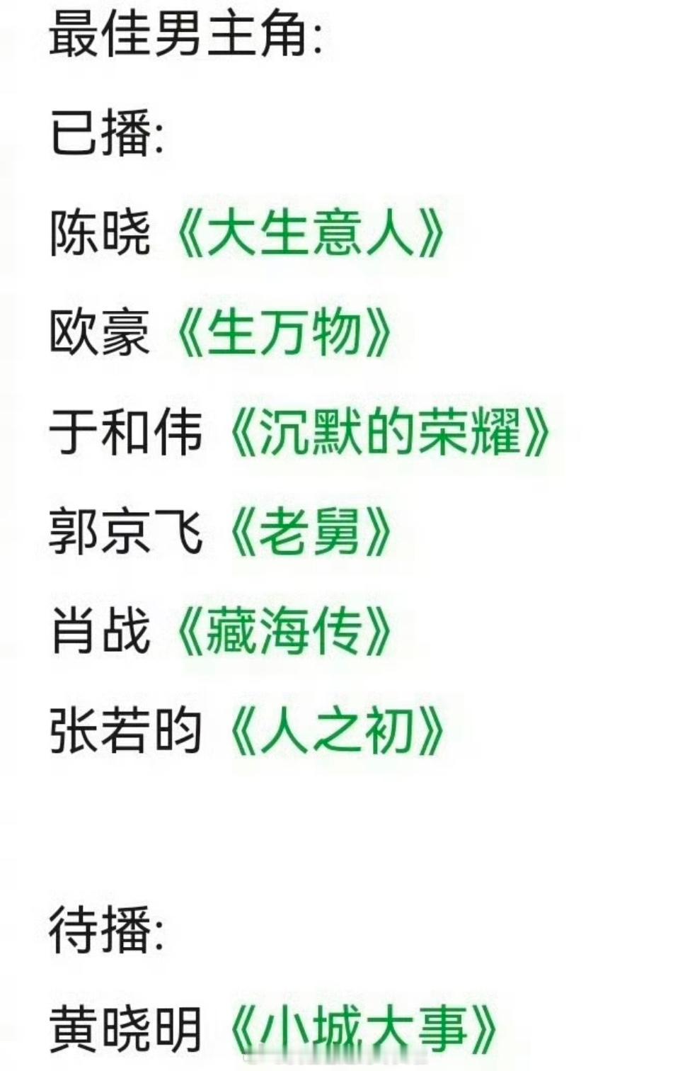 2026年白玉兰最佳男主角提名预测于和伟《沉默的荣耀》肖战《藏海传》郭京飞《老舅
