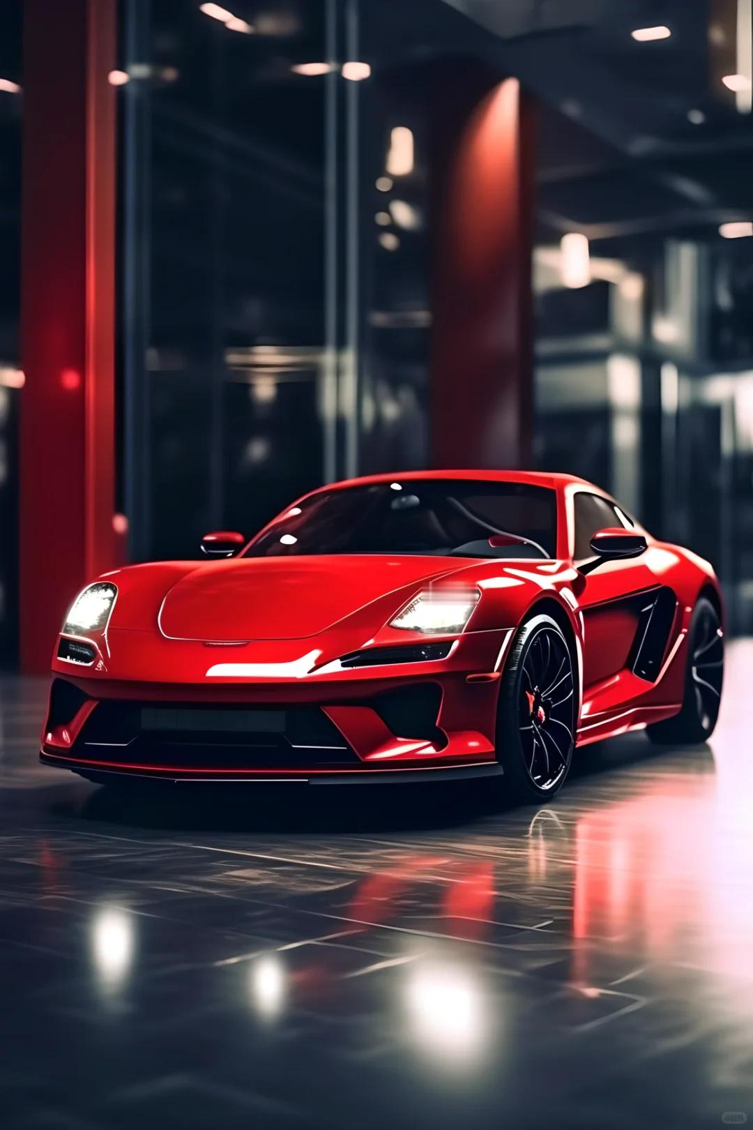 谁懂啊，看到那辆红色跑车直接被拿捏！在黑色背景的衬托下，它就像一颗炽热的火种，散