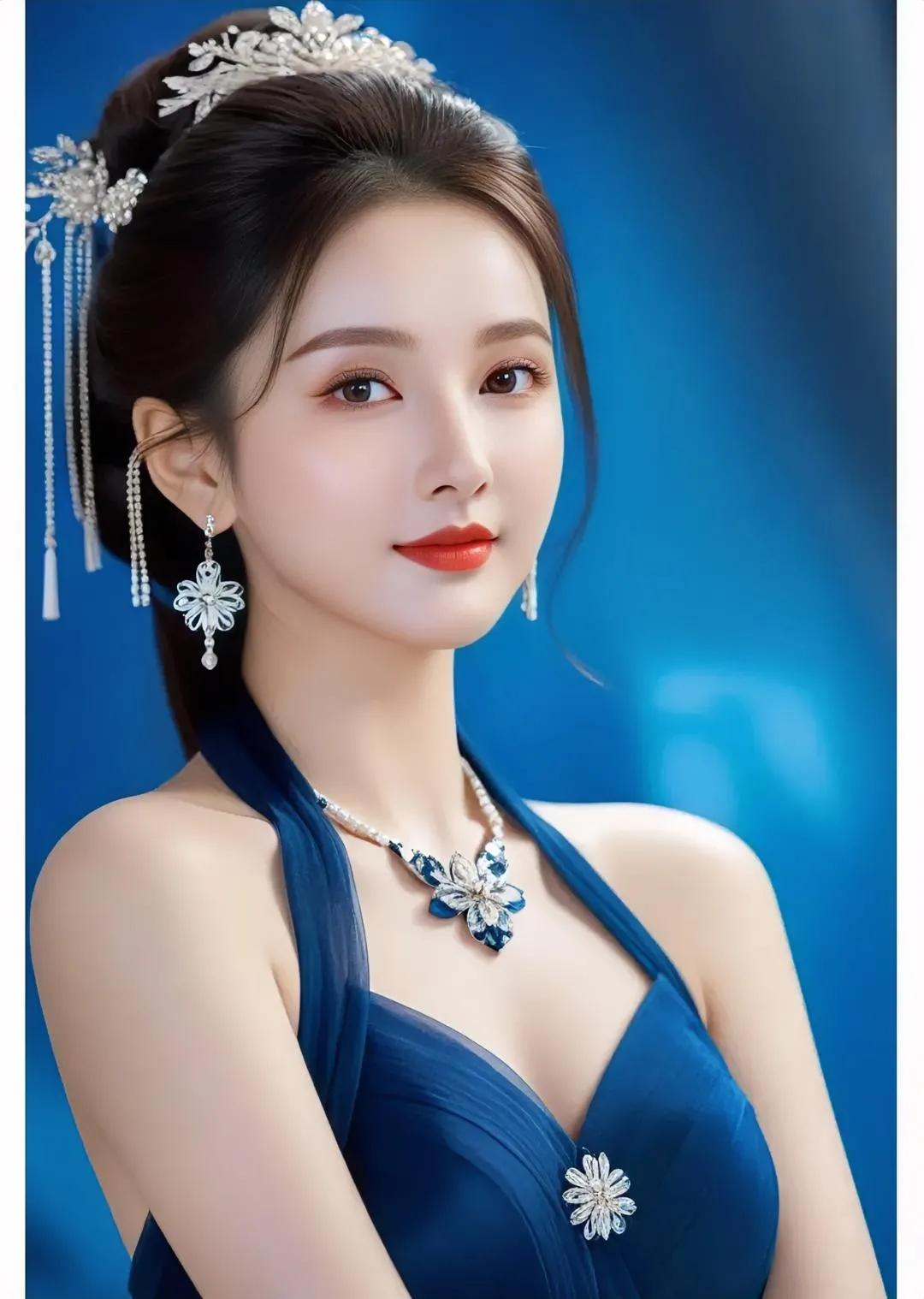 蓝衣美人，玉簪花间。欣赏绝世佳人 花容月貌天仙美