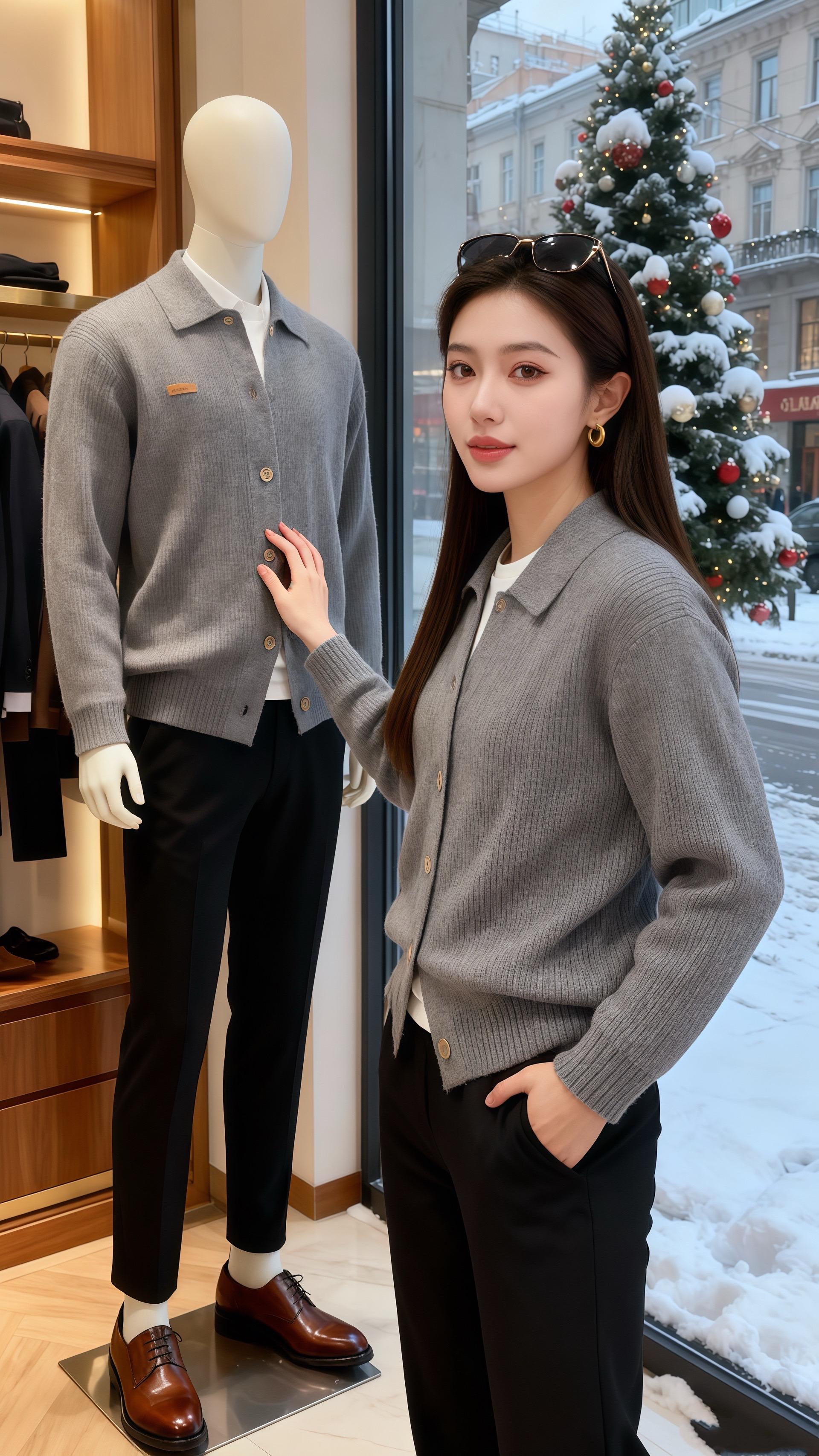 雪落满街的午后，她捧着热拿铁靠在咖啡厅吧台边，灰调针织开衫的纹理裹着软...