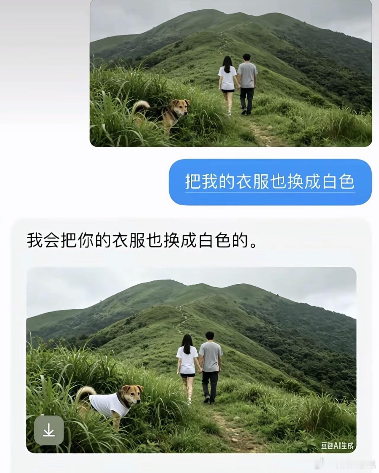 我:把我的衣服也换成白色AI:给狗穿件白色衣服。 