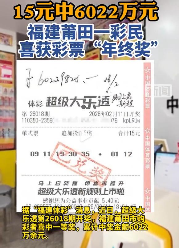 福建一彩民15元中奖6022万，这是节前大乐透的最后一期，也是新规之后，大乐透开