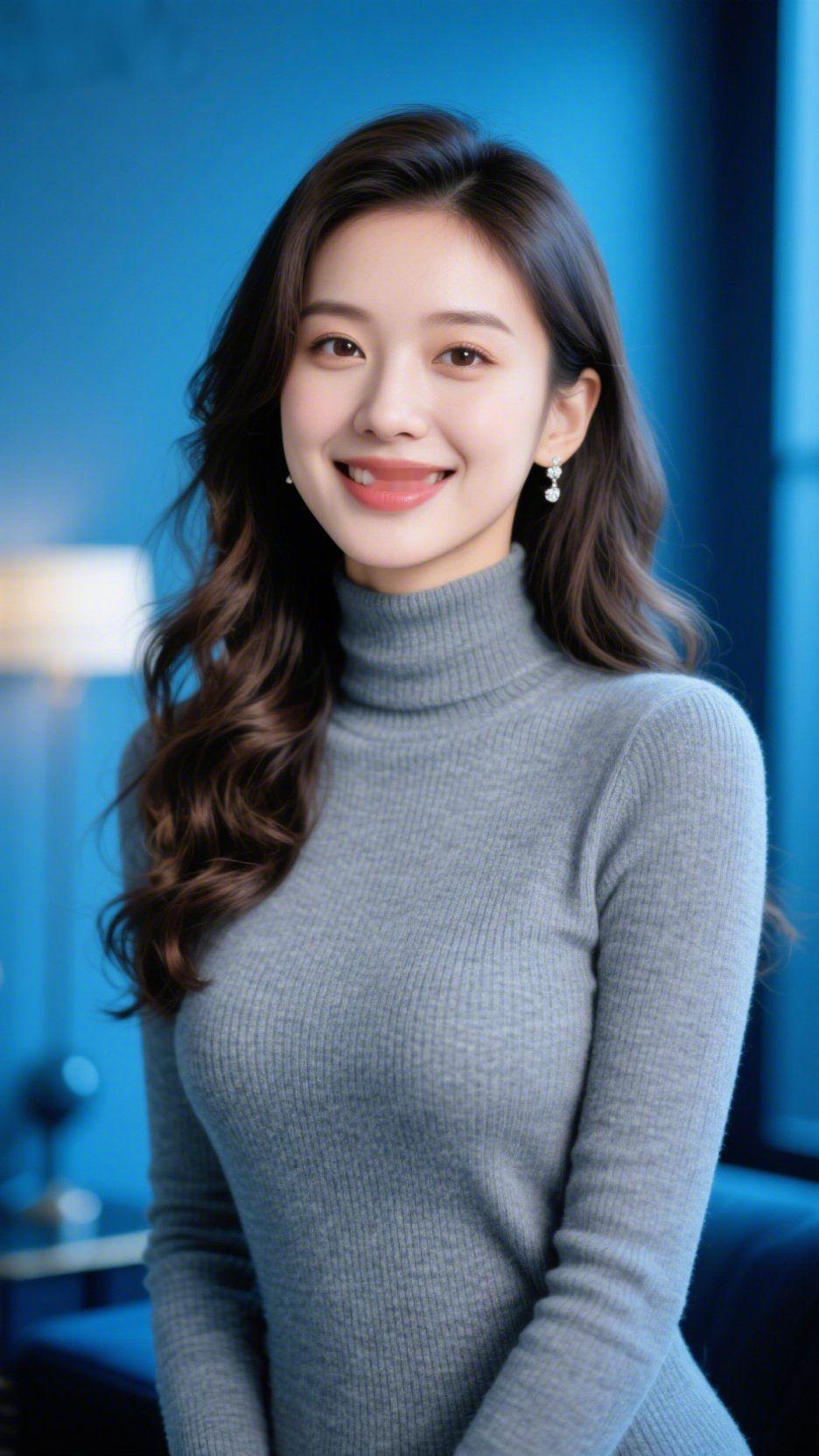 《蓝室灰柔》
 
浅蓝的室光裹着温软，她立在那里时，灰绒毛衣像揉松的云絮。发梢卷