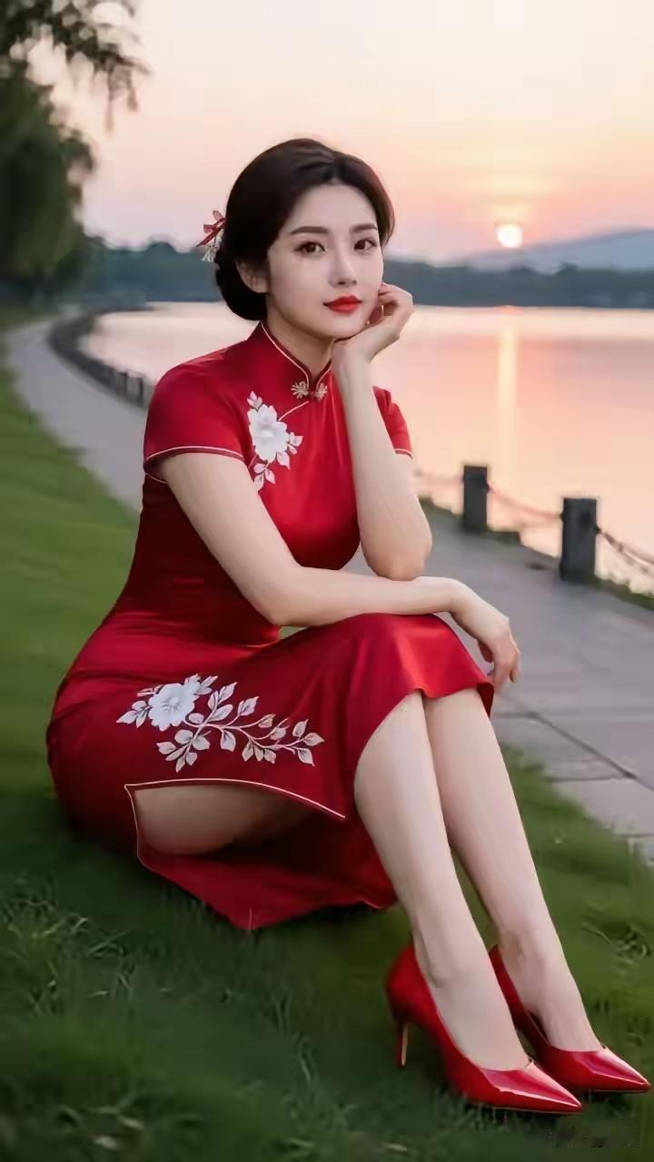 红日落西山，
独自坐岸边。
精妆巧打扮，
有约会佳男。
