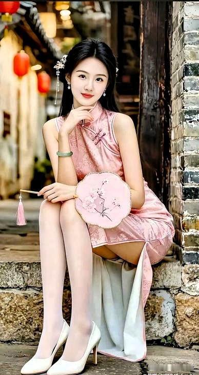 旧巷红灯笼下，藏着旗袍美人的温柔

青石板、红灯笼、古砖墙，衬得她一身粉旗袍愈发